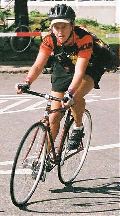 Rebecca at CMWC 2002 - where's that front brake, young lady?